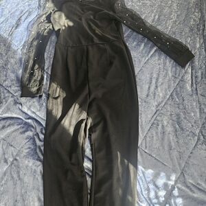 NWOT Elegant Black Jumpsuit with Sheer Sleeves Faux Pearls Size Large